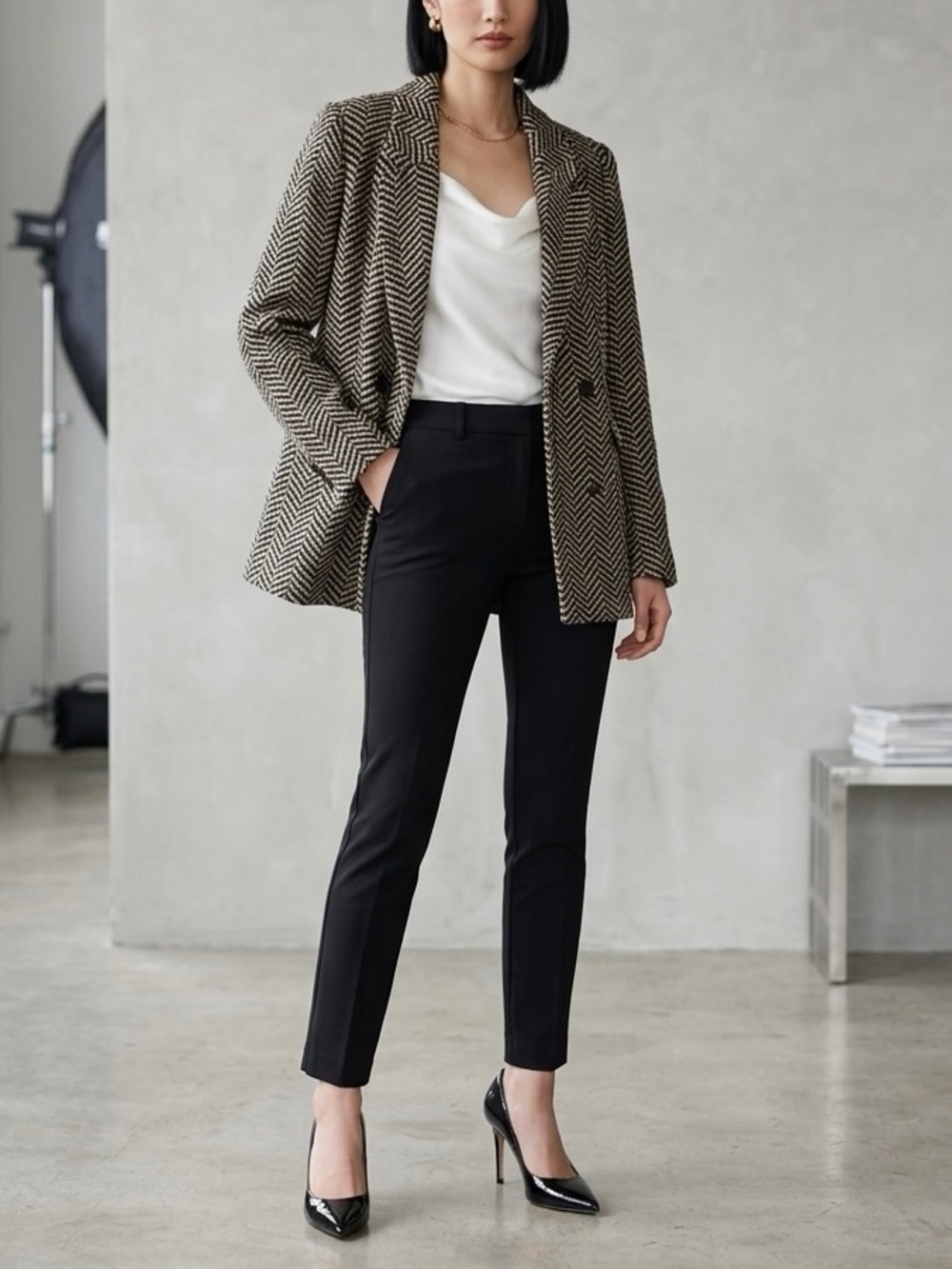 Anine Bing Diana Fishbone Wool Blend Blazer Jacket in Black